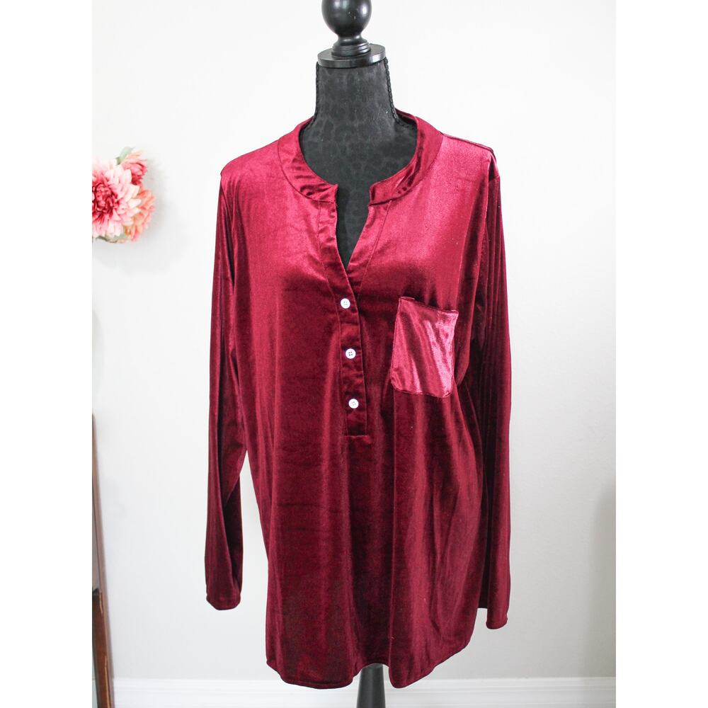 New Burgundy Velvet Henley Tunic Top Size 2XL Soft Stretch Holiday Christmas